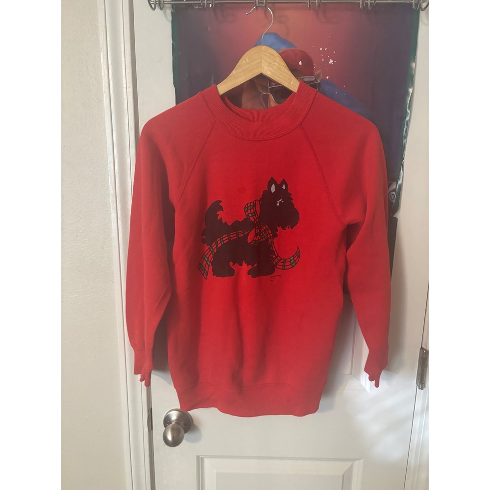 Vintage Red Scottie Dog Plaid Scarf Raglan Sweatshirt Crewneck Women Small 80s